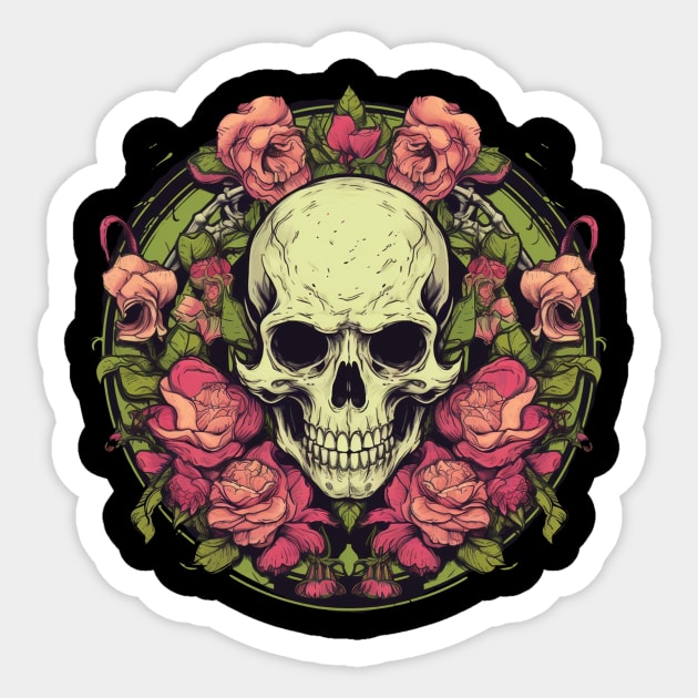 Green Evil Skull with Flowers and Roses Sticker by TOKEBI